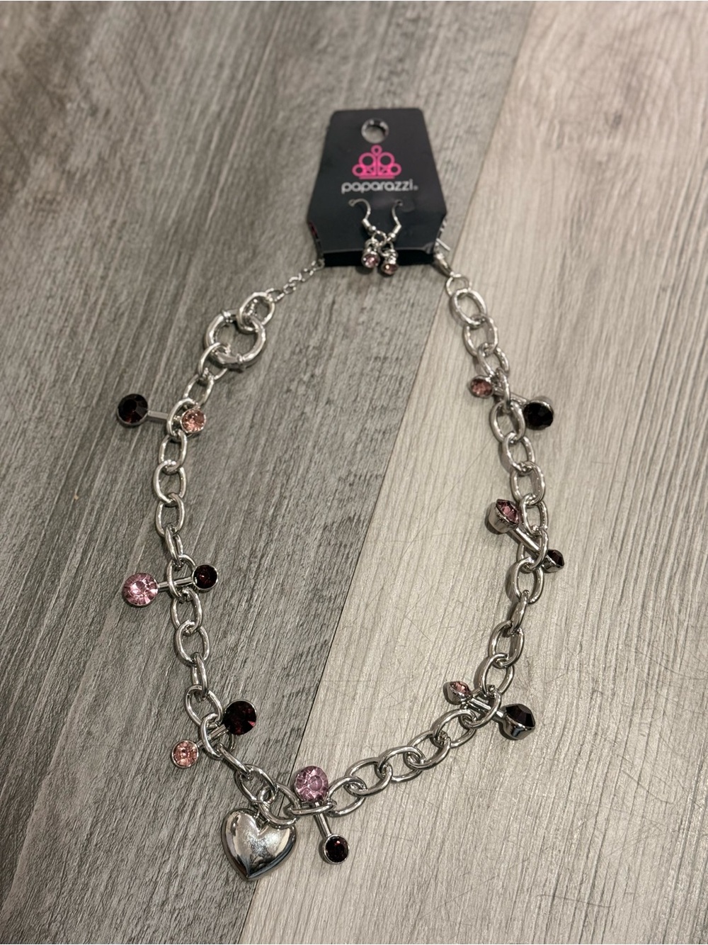 Silver-Tone Chain Necklace and Earrings with Pink and Burgundy Crystal Charms